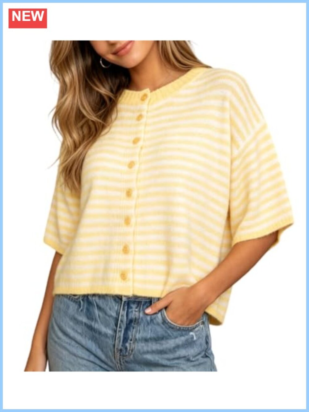 Short Sleeve Striped Cardigan Button Down Knit Crop Preppy Top